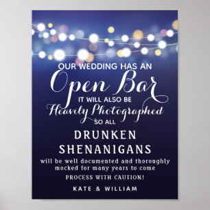 Poster Marine Chaîne de lumières Open Bar mariage signe