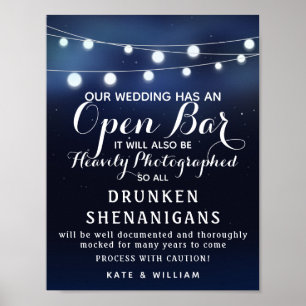 Poster Marine Chaîne de lumières Open Bar mariage signe