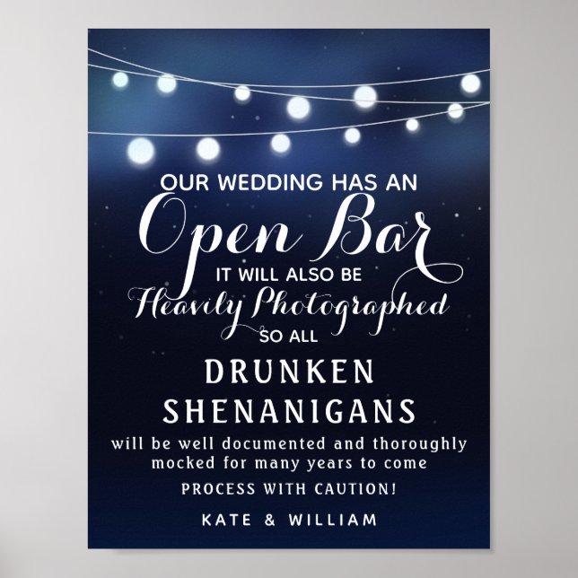 Poster Marine Chaîne de lumières Open Bar mariage signe (Devant)