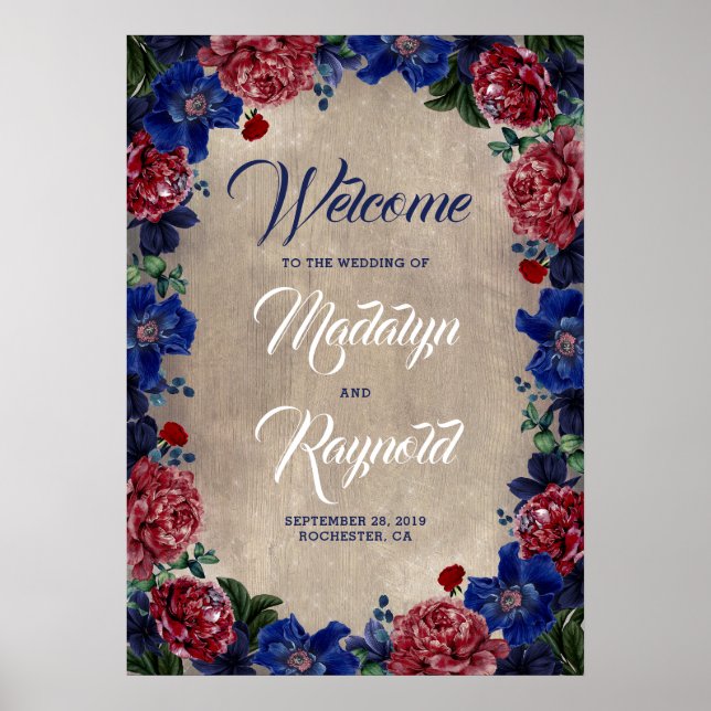 Poster Marine et Bourgogne Floral Rustic Mariage Bienvenu (Devant)