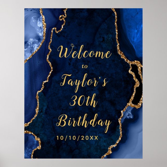 Poster Marine et Gold Agate Accueil d'anniversaire (Devant)