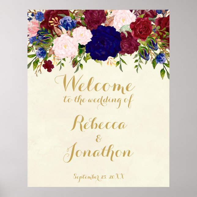 Poster marine marsala fleurie mariage signe d'accueil mod (Devant)
