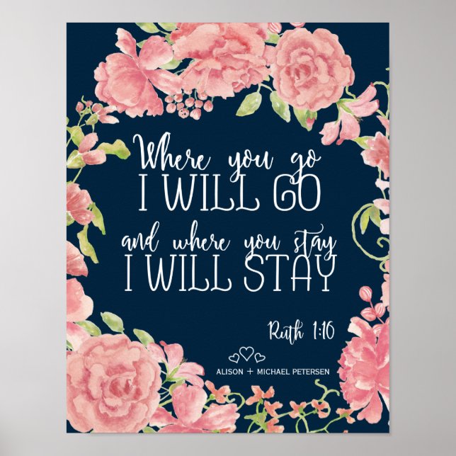 Poster Marine pink peonies citation signe mariage (Devant)