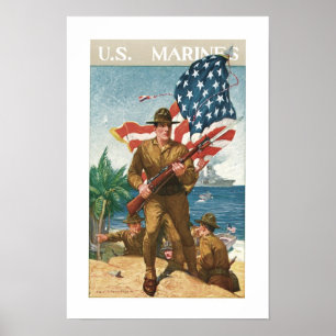 Poster Marines des États-Unis - avec drapeau