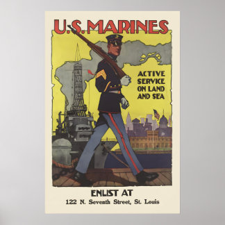 Poster Marines des États-Unis Service actif Terre Mer Air