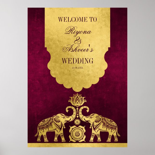 Poster Maroon et éléphants d'or mariage indien bienvenue (Devant)