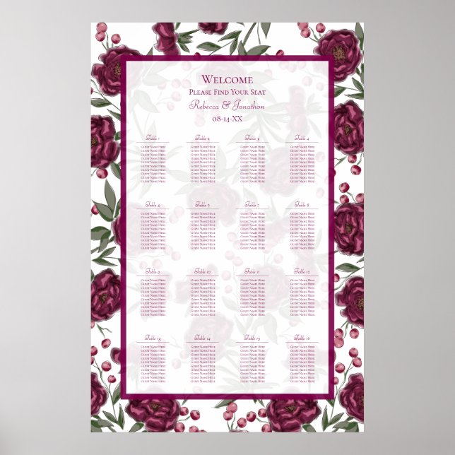 Poster Maroon Rose Wedding Seating Chart (Devant)