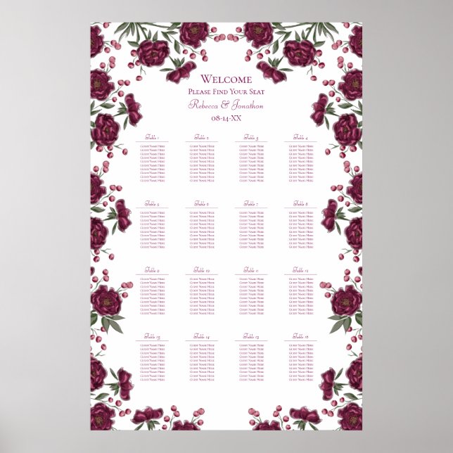 Poster Maroon Rose Wedding Seating Chart (Devant)