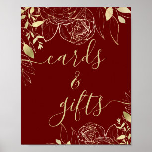 Poster Maroon rouge foncé & or moderne Floral Cartes & Ca