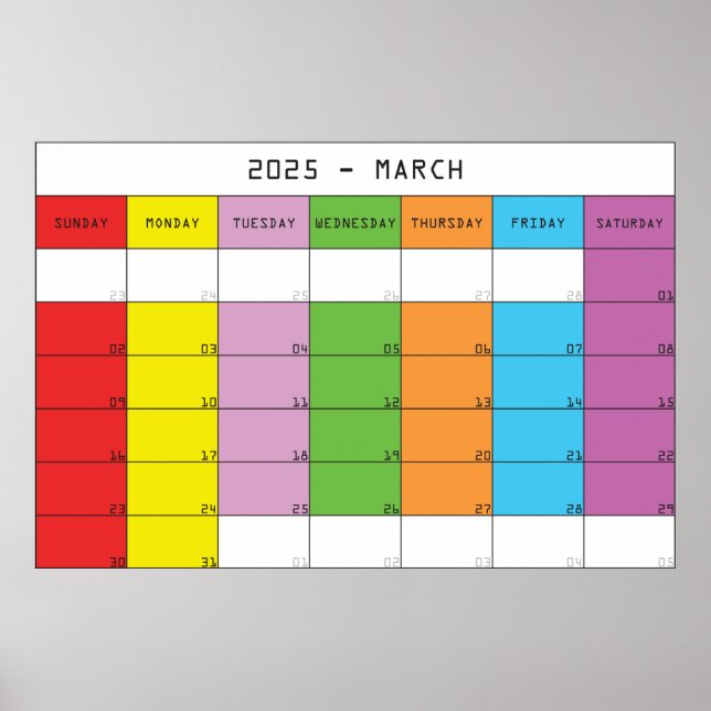 Poster Mars 2025 jours couleur calendrier plancer (Devant)