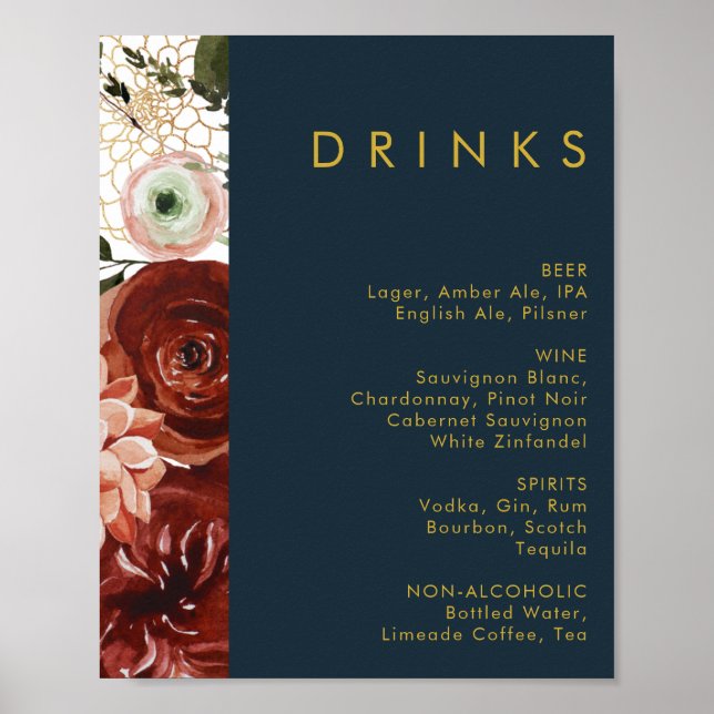 Poster Marsala Autumn Floral | Menu Boissons pour Mariage (Devant)