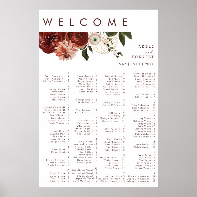 Poster Marsala Autumn Floral | Siège Alphabétique Blanc (Devant)