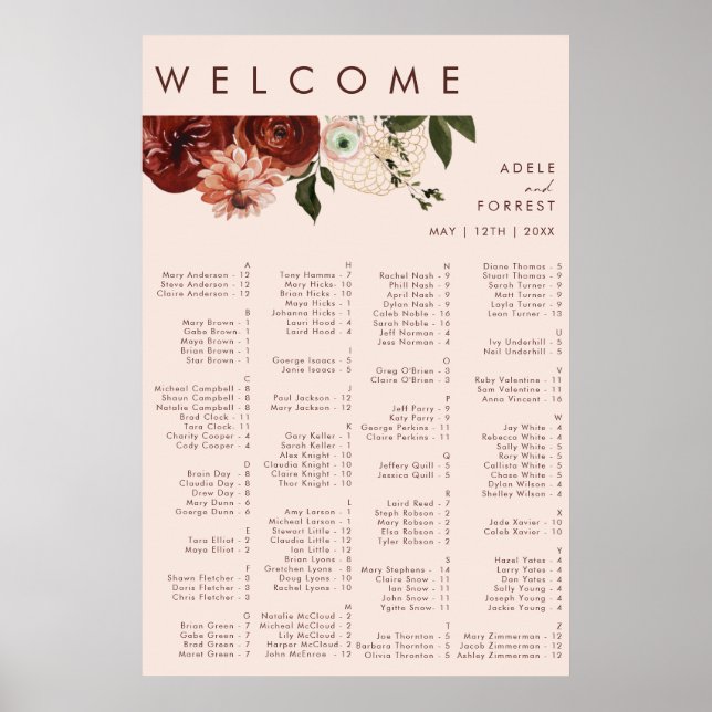 Poster Marsala Autumn Floral | Siège Alphabétique Bleu (Devant)