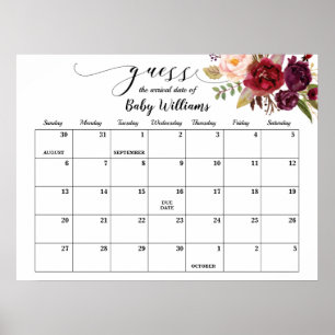 Poster Marsala Baby Shower Guess Due Date Calendar