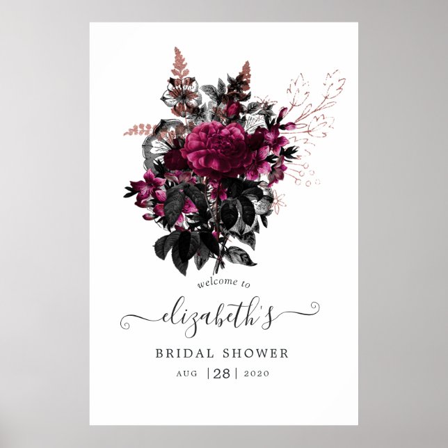 Poster Marsala et Rose Gold Floral Fête des mariées Bienv (Devant)