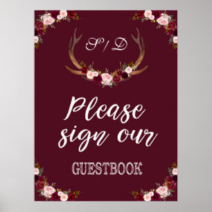 Poster Marsala Floral Antler Bourgogne Signaler Notre Liv