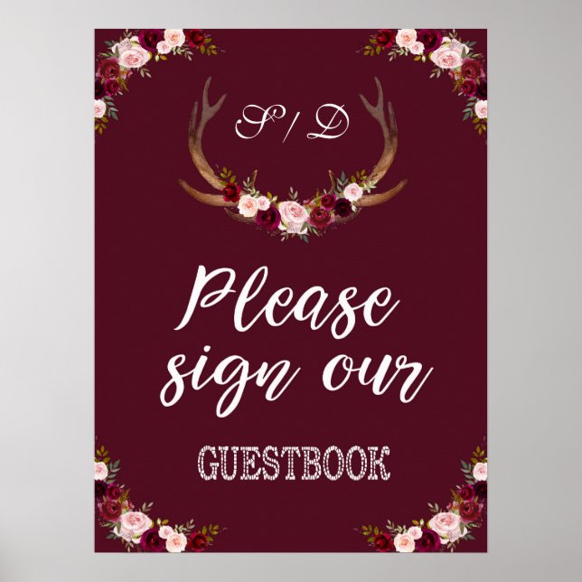Poster Marsala Floral Antler Bourgogne Signaler Notre Liv (Devant)