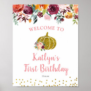 Poster Marsala Floral Pumpkin Birthday Welcome Sign