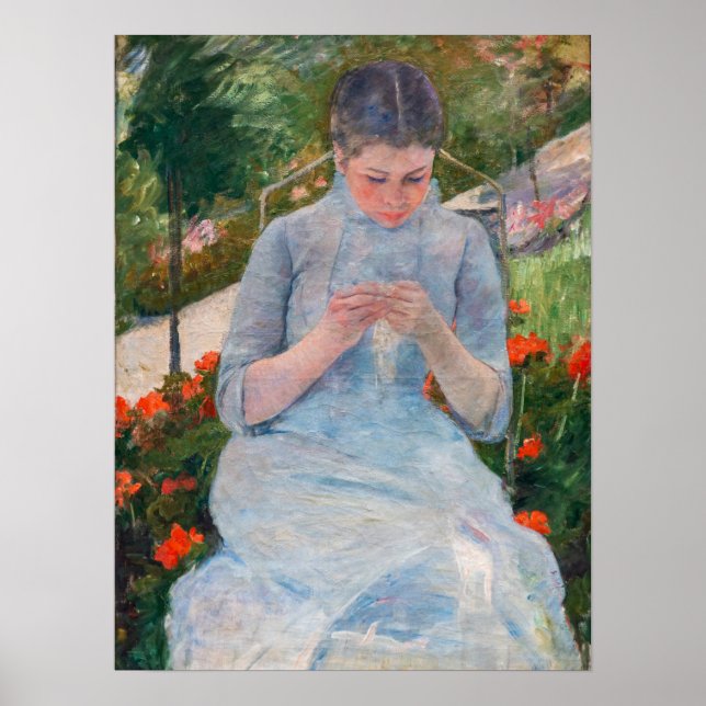 Poster Mary Cassatt - Fille couture dans un jardin (Devant)
