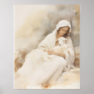 Poster Mary Holding Lamb Watercolor Art Imprimer