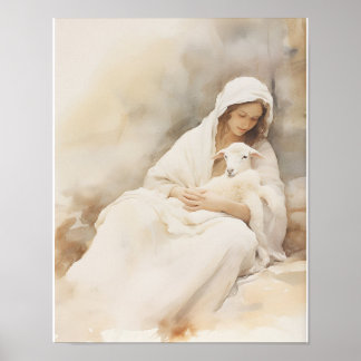Poster Mary Holding Lamb Watercolor Art Imprimer