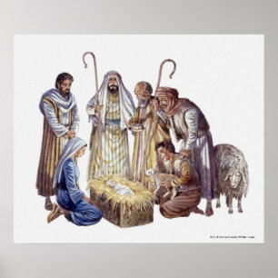 Poster Mary, Joseph, et bergers entourant le bébé Jésu