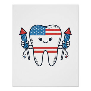 Poster Mascotte de dent patriotique Feu d'artifice Concep