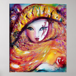 POSTER MASQUE DE CARNIVAL EN JAUNE AVEC ROSE ROUGE