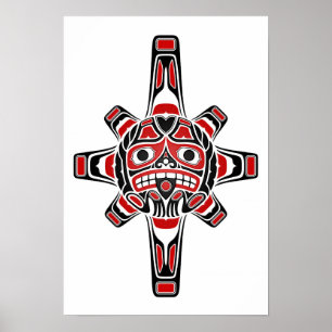 Poster Masque de soleil de Haida rouge et noir en blanc