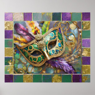 Poster Masque Mardi Gras Gold & Green en plumes colorées