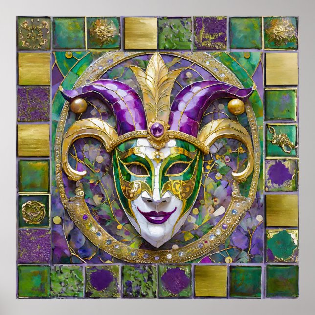 Poster Masque Mardi Gras Jester Vert Or (Devant)