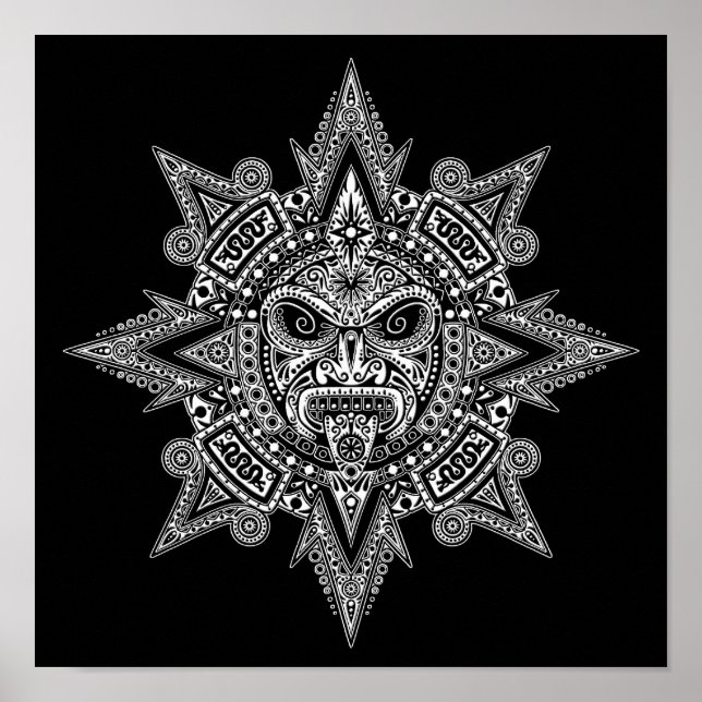 Poster Masque Soleil Aztèque Blanc sur Noir (Devant)
