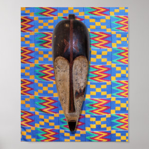 Poster Masque Tribal Africain Bleu Jaune Orange Kente
