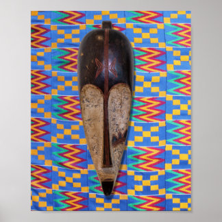 Poster Masque Tribal Africain Bleu Jaune Orange Kente