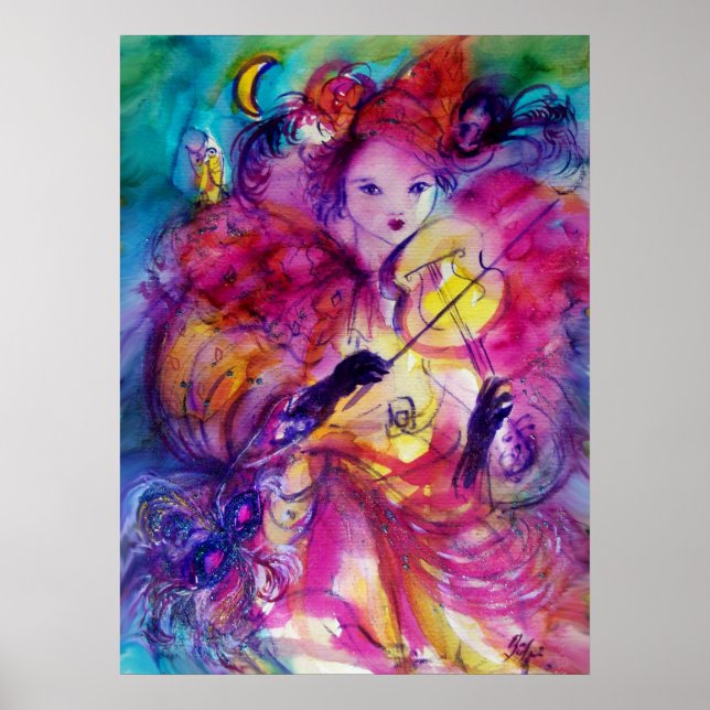 Poster MASQUERADE NUIT Carnaval Musicien en costume rose (Devant)