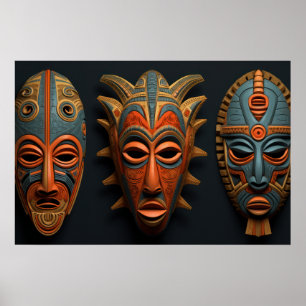 Poster Masques africains en orange et bleu turquoise