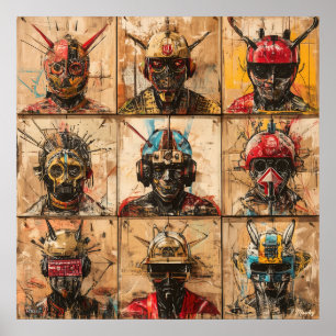 Poster Masques de Guerriers Futuristes dans une grille Ab