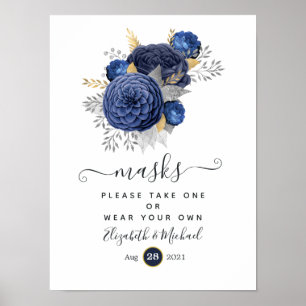 Poster Masques de mariage floraux bleu marine, or et arge