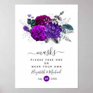 Poster Masques de mariage floraux violet royal et argent