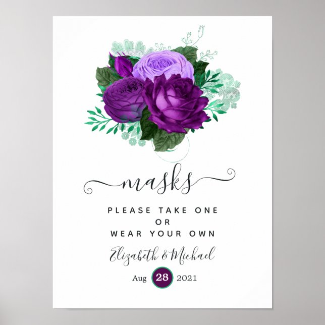 Poster Masques faciaux à Mariage floraux violet et vert (Devant)