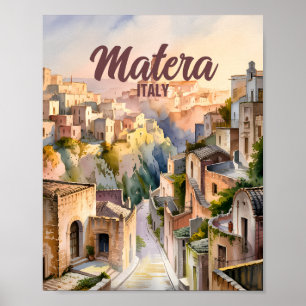 Poster Matera Italie Sassi aquarelle personnalisée Vintag