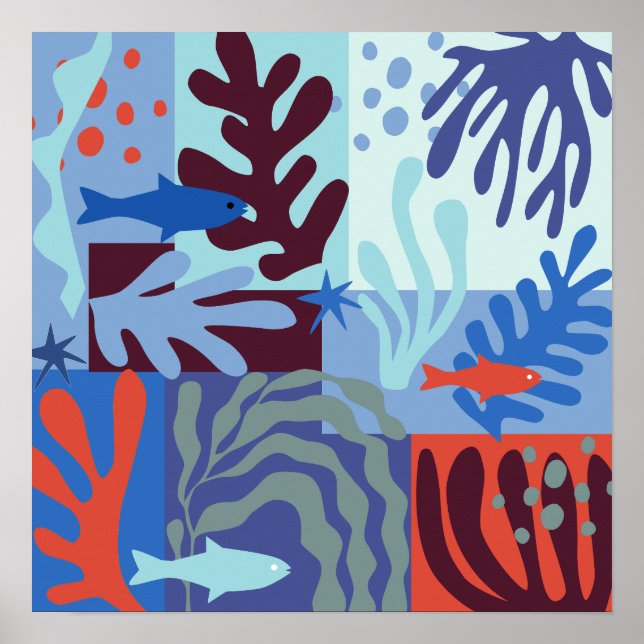 Poster Matisse Inspiré Ocean Life Papier Coupes Bleu (Devant)