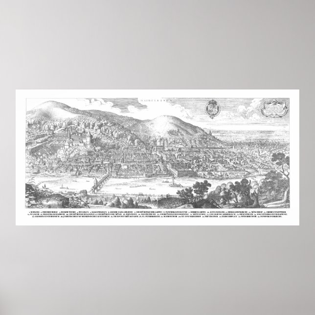 Poster Matthäus Merian : Heidelberg-Panorama von 1620 (Devant)