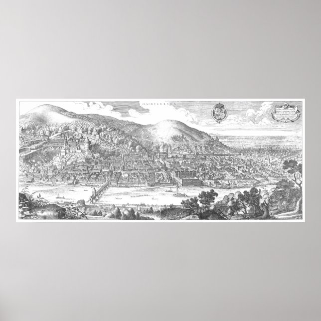 Poster Matthäus Merian : Heidelberg-Panorama von 1620 (Devant)
