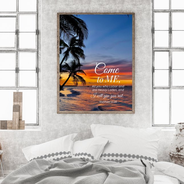 Poster Matthieu 11:28 Bible Verse Palmiers Coucher de sol (Créateur téléchargé)