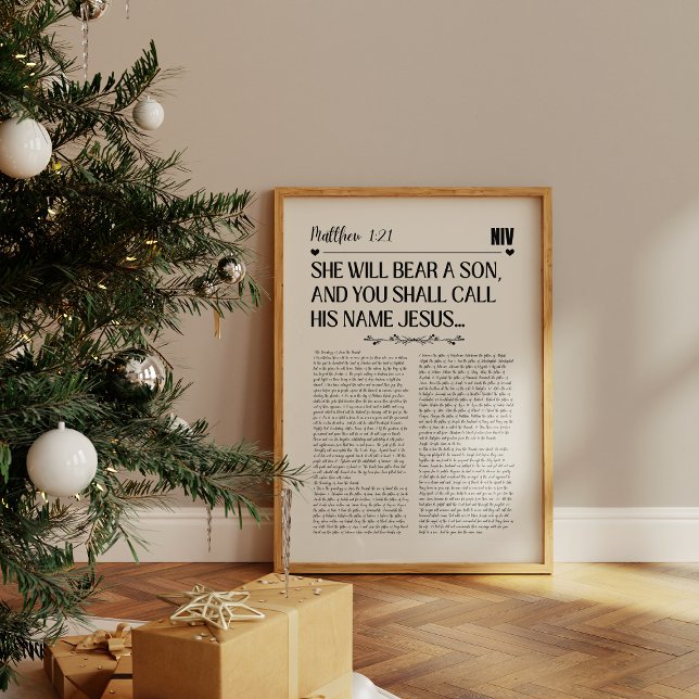 Poster Matthieu 1:21 Mur de Noël Imprimer (A framed Christian scripture print with text from psalm Matthew 1:21 in bold black on a beige paper.)