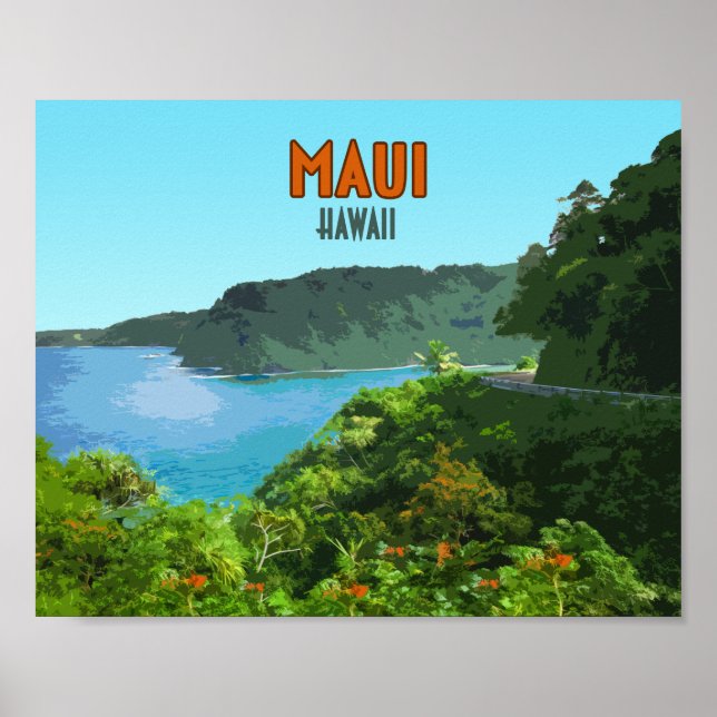 Poster Maui Hawaii Coast Hana Road Vintage (Devant)