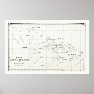 Poster Maui, Lanai, carte vintage 1890 de Molokai,