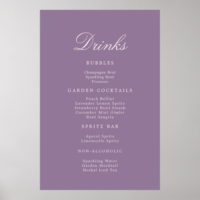 Poster Mauve Calligraphy Wedding Drinks Menu Sign (Devant)