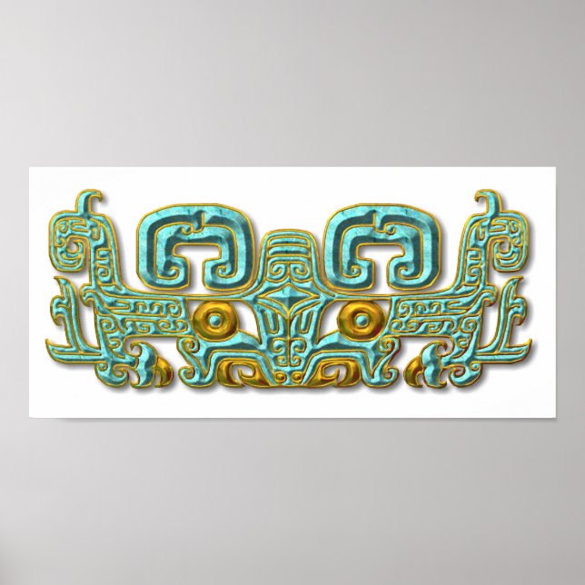 Poster Mayan Jaguar-turquoise et or (Devant)